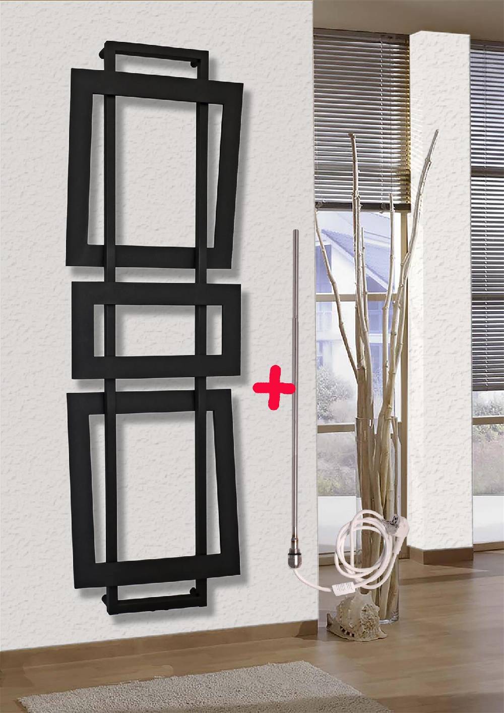 Szagato BADHEIZKÖRPER Design ART I 180x60cm 1019 Watt schwarz + Heizstab 900 Watt SZAGATO Designheizkörper Handtuchheizkörper Mittelanschluss Handtuchwärmer