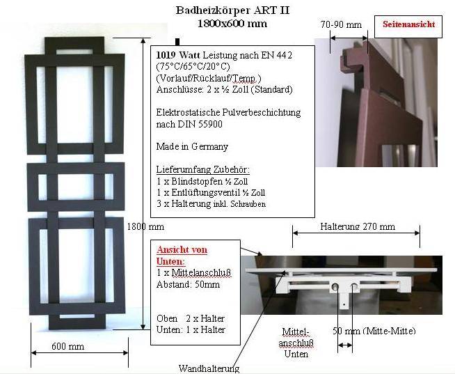 Szagato BADHEIZKÖRPER Design ART II (breite Version) 180x60cm 1019Watt schwarz SZAGATO Designheizkörper Handtuchheizkörper mit Mittelanschluss Handtuchwärmer Letzter Tag