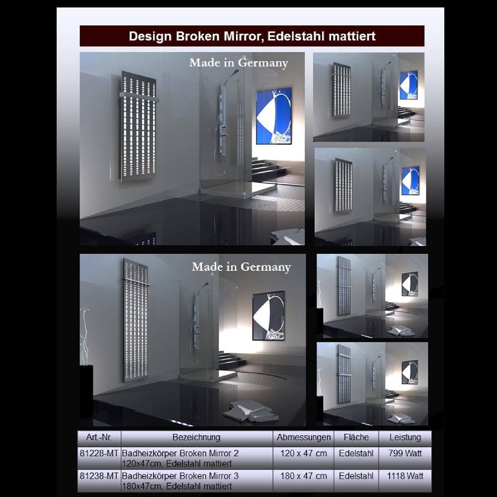 Szagato BADHEIZKÖRPER Design broken Mirror 3 180x47cm 1118 Watt Edelstahl matt +1 Halter 15mm SZAGATO Designheizkörper Handtuchheizkörper mit Mittelanschluss 2025