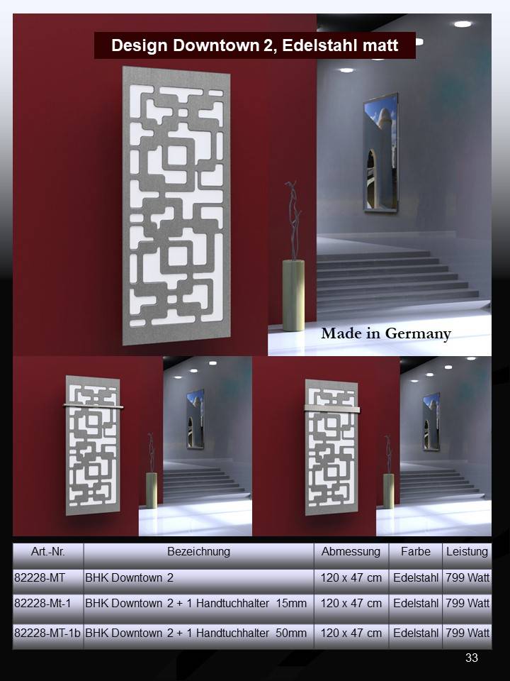 Szagato BADHEIZKÖRPER Design Downtown 2 120x47cm 799 Watt Edelstahl matt (+1 Halter 15mm) SZAGATO Bad Wohnraum-Heizkörper (Mittelanschluss) VIP-Rabatte