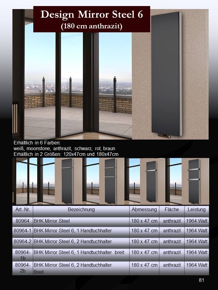 Szagato BADHEIZKÖRPER Design Mirror Steel 6 180x47cm 1964 Watt anthrazit SZAGATO Designheizkörper Handtuchheizkörper mit Mittelanschluss Handtuchwärmer Sonderangebot der Fabrik