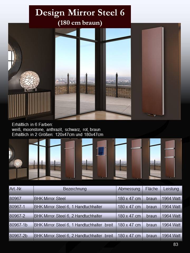 Szagato BADHEIZKÖRPER Design Mirror Steel 6 180x47cm 1964 Watt braun SZAGATO Designheizkörper Handtuchheizkörper mit Mittelanschluss Handtuchwärmer Vierteljährliche Förderung