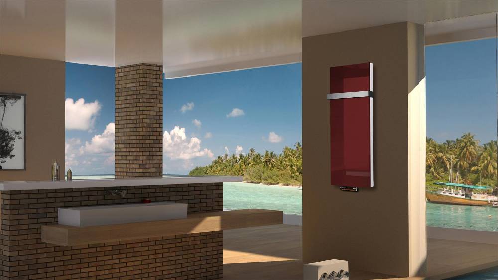 Szagato BADHEIZKÖRPER Glas Montevideo 5 Glasfront 120x47cm 1458 Watt rot +1 Halter 50mm SZAGATO Designheizkörper Handtuchheizkörper mit Mittelanschluss Große Rabatte