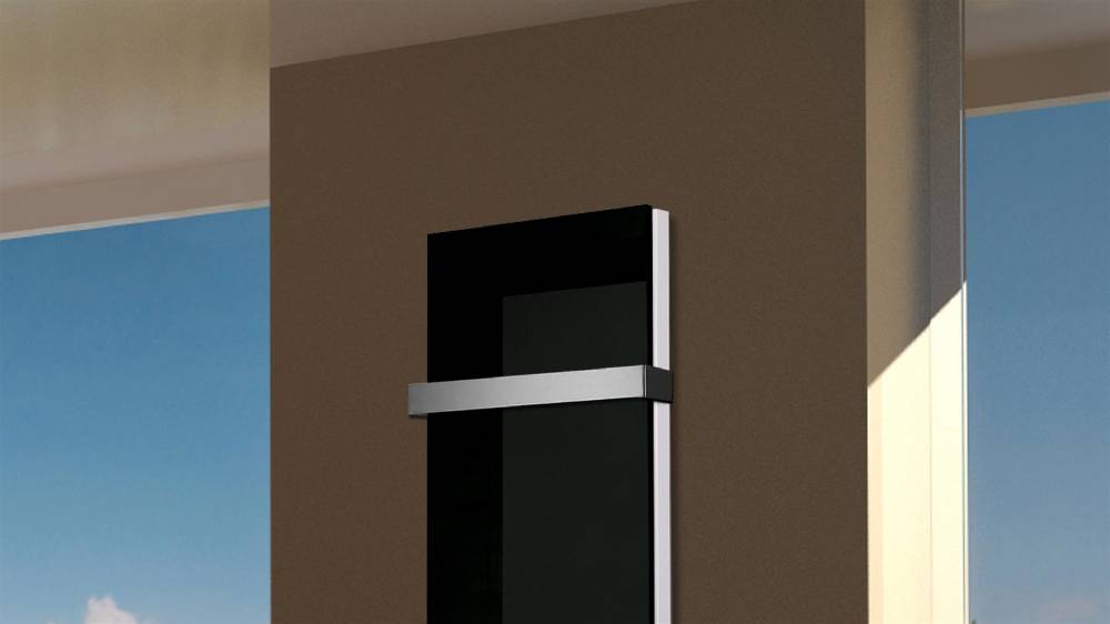 Szagato BADHEIZKÖRPER Glas Montevideo 5 Glasfront 120x47cm 1458 Watt schwarz + 1 Handtuchhalter 15x15mm SZAGATO Designheizkörper mit Mittelanschluss Neuheiten