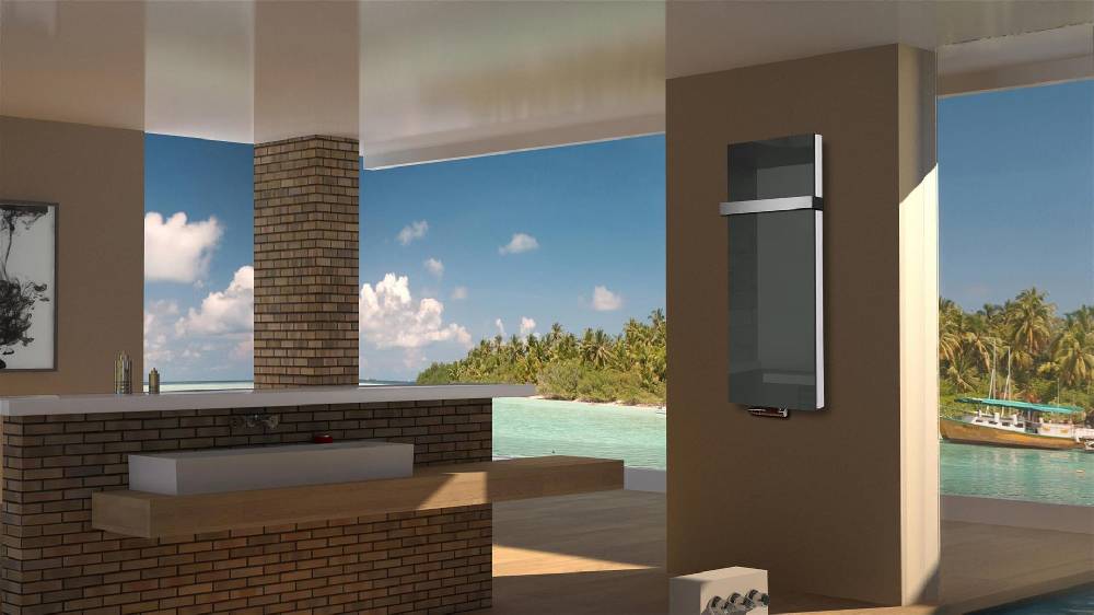 Szagato BADHEIZKÖRPER Glas Montevideo 5 Glasfront 120x47cm 1458Watt anthrazit - moonstone +1 Halter 50mm SZAGATO Designheizkörper mit Mittelanschluss