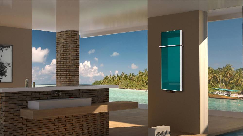 Szagato BADHEIZKÖRPER Glas Montevideo 5 Glasfront 120x47cm 1458Watt türkis +1 Halter 15mm SZAGATO Designheizkörper Handtuchheizkörper mit Mittelanschluss