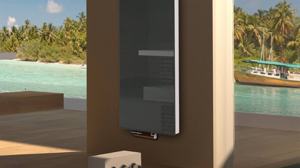 Szagato BADHEIZKÖRPER Glas Montevideo 6 Glasfront 180x47cm 1964 Watt anthrazit - moonstone +1 Halter 50mm SZAGATO Designheizkörper mit Mittelanschluss Sonderangebote