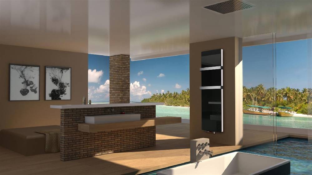 Szagato BADHEIZKÖRPER Glas Montevideo 6 Glasfront 180x47cm 1964 Watt schwarz +2 Halter 50mm SZAGATO Designheizkörper Handtuchheizkörper mit Mittelanschluss Tiefpreis