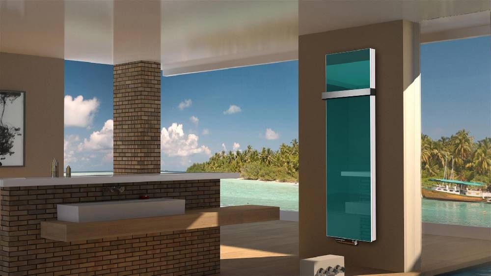 Szagato BADHEIZKÖRPER Glas Montevideo 6 Glasfront 180x47cm 1964 Watt türkis +1 Halter 50mm SZAGATO Designheizkörper Handtuchheizkörper mit Mittelanschluss Super Sparpreis