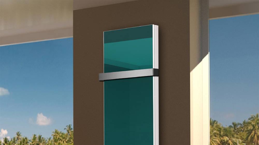 Szagato BADHEIZKÖRPER Glas Montevideo 6 Glasfront 180x47cm 1964 Watt türkis +1 Halter 50mm SZAGATO Designheizkörper Handtuchheizkörper mit Mittelanschluss Super Sparpreis