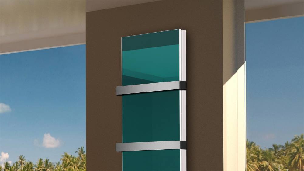 Szagato BADHEIZKÖRPER Glas Montevideo 6 Glasfront 180x47cm 1964 Watt türkis +2 Halter 50mm SZAGATO Designheizkörper Handtuchheizkörper mit Mittelanschluss Wochenangebot