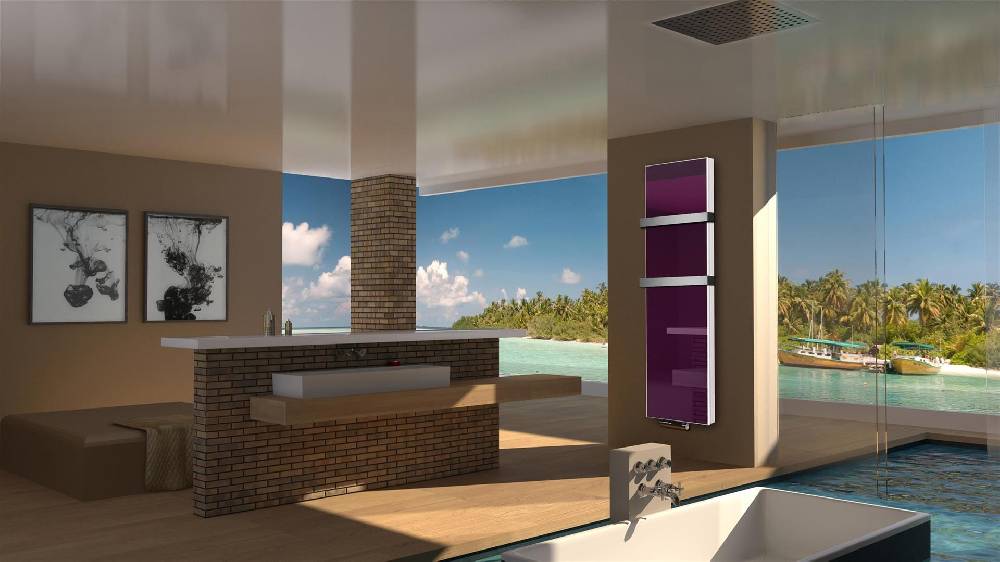 Szagato BADHEIZKÖRPER Glas Montevideo 6 Glasfront 180x47cm 1964 Watt violett +2 Halter 50mm SZAGATO Designheizkörper Handtuchheizkörper mit Mittelanschluss Begrenzte Freigabe