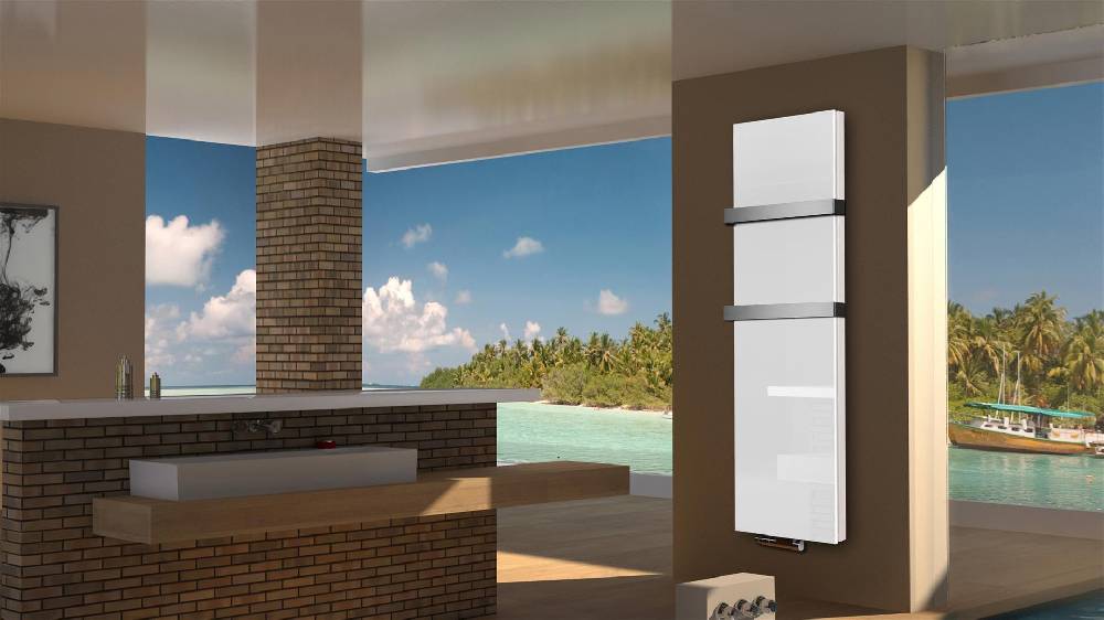 Szagato BADHEIZKÖRPER Glas Montevideo 6 Glasfront 180x47cm 1964 Watt weiß +2 Halter 50mm SZAGATO Designheizkörper Handtuchheizkörper mit Mittelanschluss