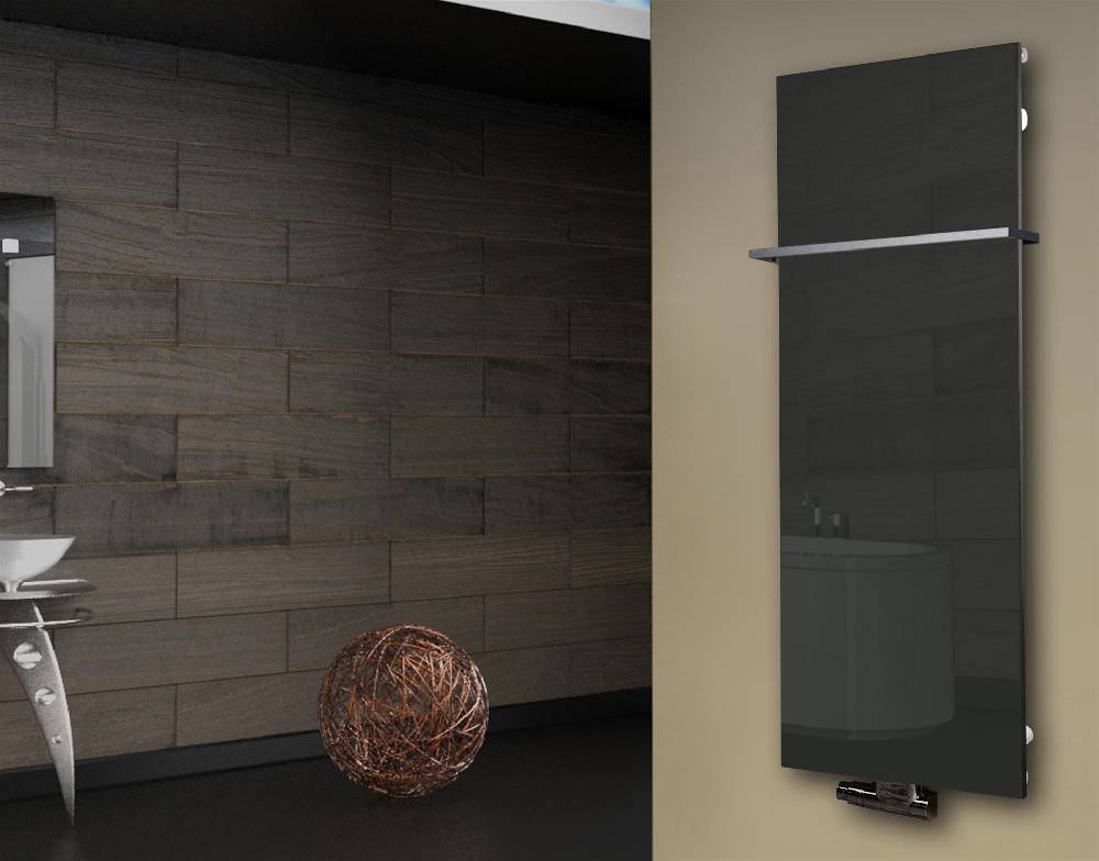 Szagato Badheizkörper mit Glas Design Montevideo 2 (Glasfront) 120x47cm 799 Watt anthrazit - moon +1 Halter 15mm SZAGATO Designheizkörper mit Mittelanschluss