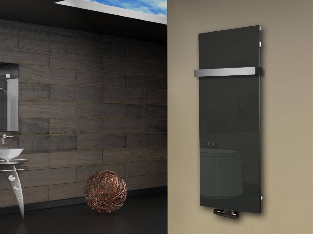 Szagato Badheizkörper mit Glas Design Montevideo 2 (Glasfront) 120x47cm 799 Watt anthrazit - moon +1 Halter 50mm SZAGATO Designheizkörper mit Mittelanschluss