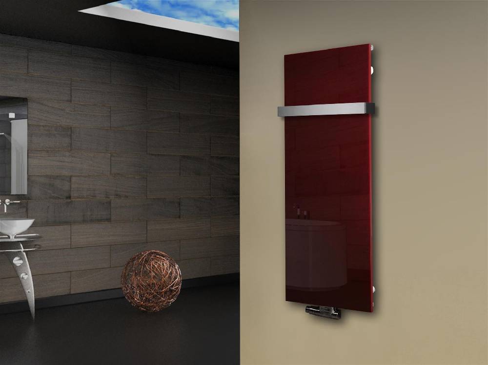 Szagato Badheizkörper mit Glas Design Montevideo 2 (Glasfront) 120x47cm 799 Watt rot (+1 Halter 50mm) SZAGATO Designheizkörper Mittelanschluss Handtuchwärmer