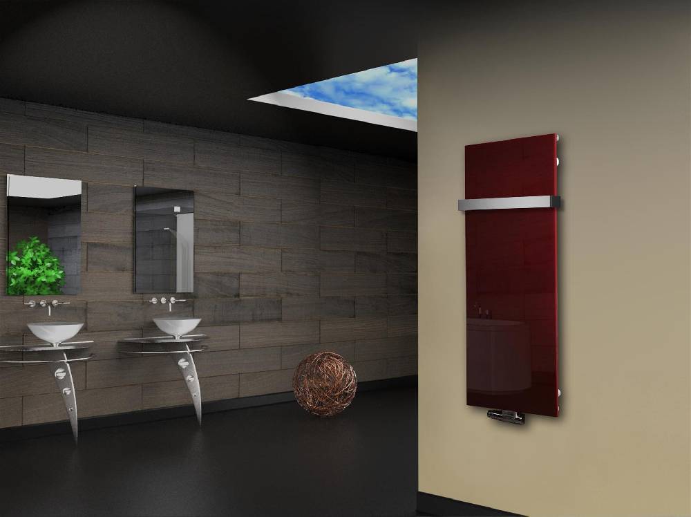 Szagato Badheizkörper mit Glas Design Montevideo 2 (Glasfront) 120x47cm 799 Watt rot (+1 Halter 50mm) SZAGATO Designheizkörper Mittelanschluss Handtuchwärmer Letzter Tag