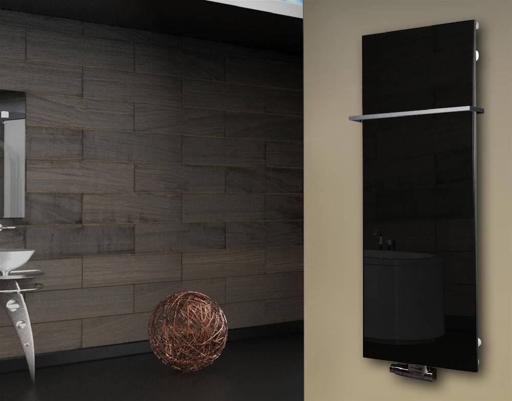 Szagato Badheizkörper mit Glas Design Montevideo 2 (Glasfront) 120x47cm 799 Watt schwarz (+1 Halter 15mm) SZAGATO Designheizkörper mit Mittelanschluss