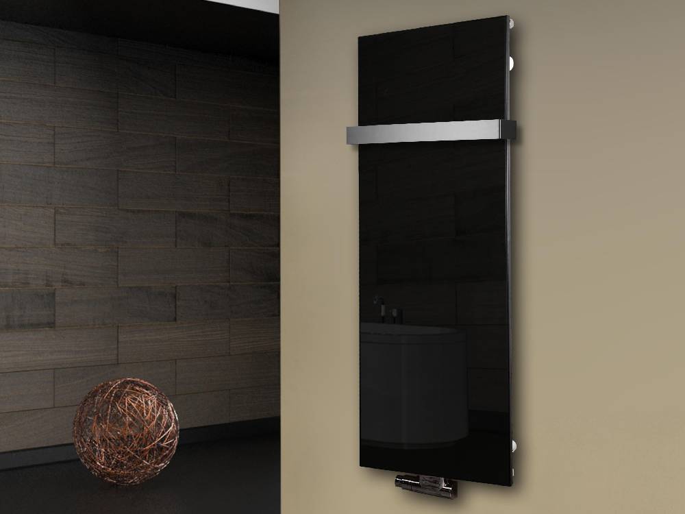 Szagato Badheizkörper mit Glas Design Montevideo 2 (Glasfront) 120x47cm 799 Watt schwarz (+1 Halter 50mm) SZAGATO Designheizkörper mit Mittelanschluss