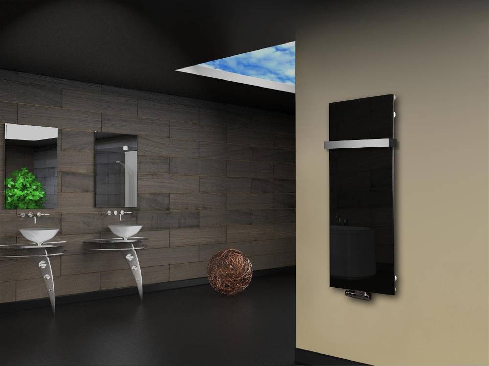 Szagato Badheizkörper mit Glas Design Montevideo 2 (Glasfront) 120x47cm 799 Watt schwarz (+1 Halter 50mm) SZAGATO Designheizkörper mit Mittelanschluss Bis zu 50% Rabatt