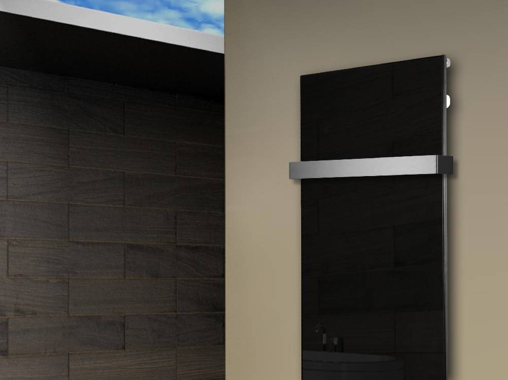 Szagato Badheizkörper mit Glas Design Montevideo 2 (Glasfront) 120x47cm 799 Watt schwarz (+1 Halter 50mm) SZAGATO Designheizkörper mit Mittelanschluss Bis zu 50% Rabatt