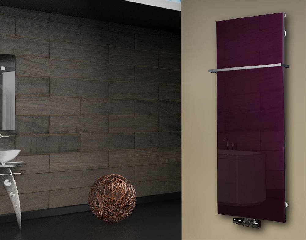 Szagato Badheizkörper mit Glas Design Montevideo 2 (Glasfront) 120x47cm 799 Watt violett (+1 Halter 15mm) SZAGATO Designheizkörper mit Mittelanschluss