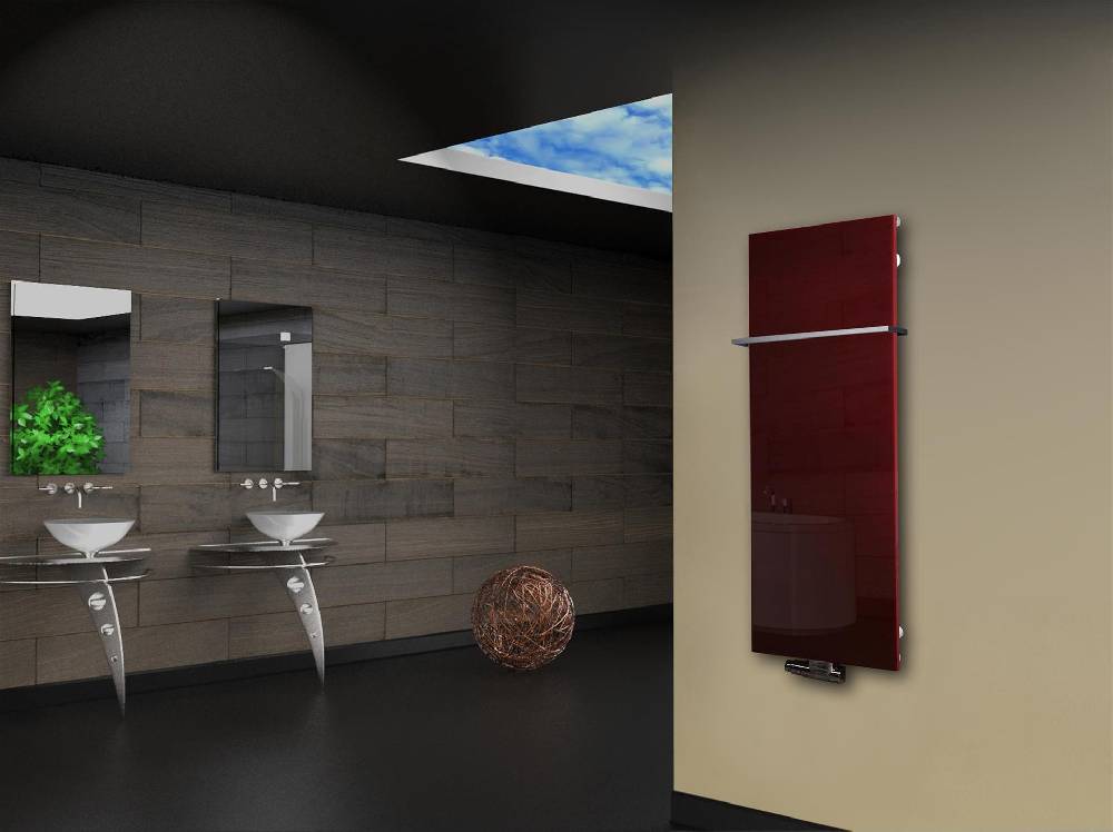 Szagato Badheizkörper mit Glas Design Montevideo 2 (Glasfront) 120x47cm 799Watt rot + 1 Halter Edelstahl 15x15mm SZAGATO Designheizkörper mit Mittelanschluss Nur für heute