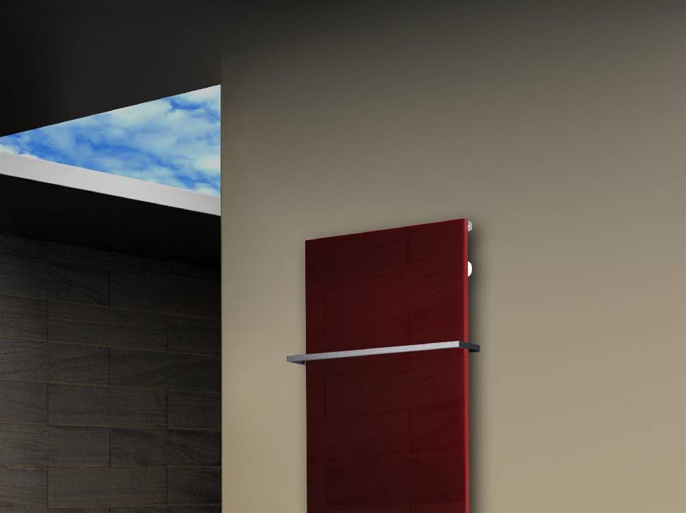 Szagato Badheizkörper mit Glas Design Montevideo 2 (Glasfront) 120x47cm 799Watt rot + 1 Halter Edelstahl 15x15mm SZAGATO Designheizkörper mit Mittelanschluss Nur für heute