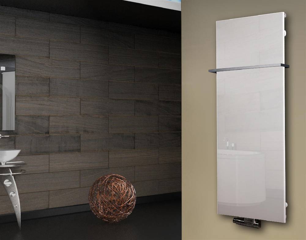 Szagato Badheizkörper mit Glas Design Montevideo 2 (Glasfront) 120x47cm 799Watt weiß (+1 Halter 15mm) SZAGATO Designheizkörper Mittelanschluss Handtuchwärmer Sonderangebot der Fabrik