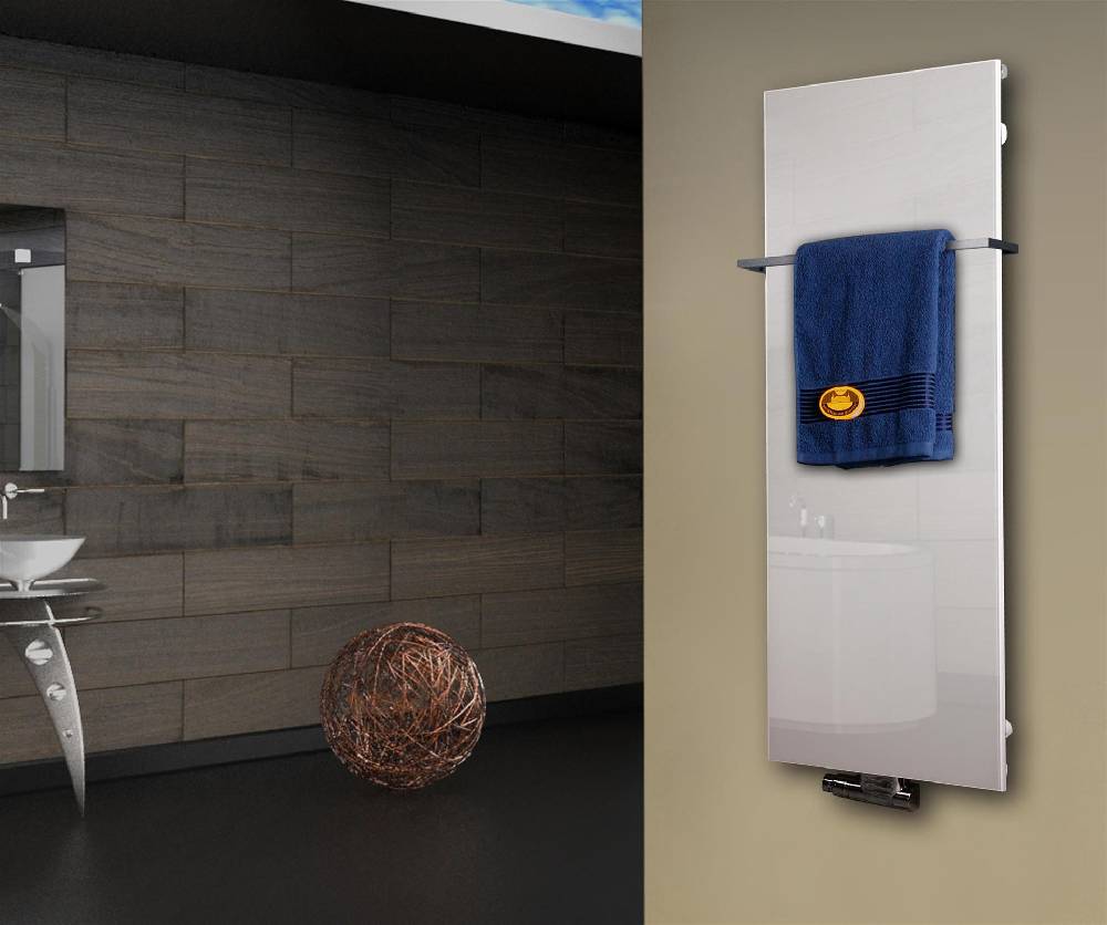 Szagato Badheizkörper mit Glas Design Montevideo 2 (Glasfront) 120x47cm 799Watt weiß (+1 Halter 15mm) SZAGATO Designheizkörper Mittelanschluss Handtuchwärmer Sonderangebot der Fabrik