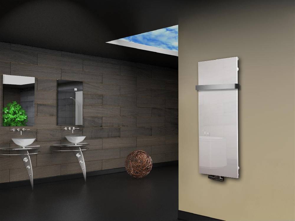 Szagato Badheizkörper mit Glas Design Montevideo 2 (Glasfront) 120x47cm 799Watt weiß (+1 Halter 50mm) SZAGATO Designheizkörper Mittelanschluss Handtuchwärmer Vierteljährliche Förderung