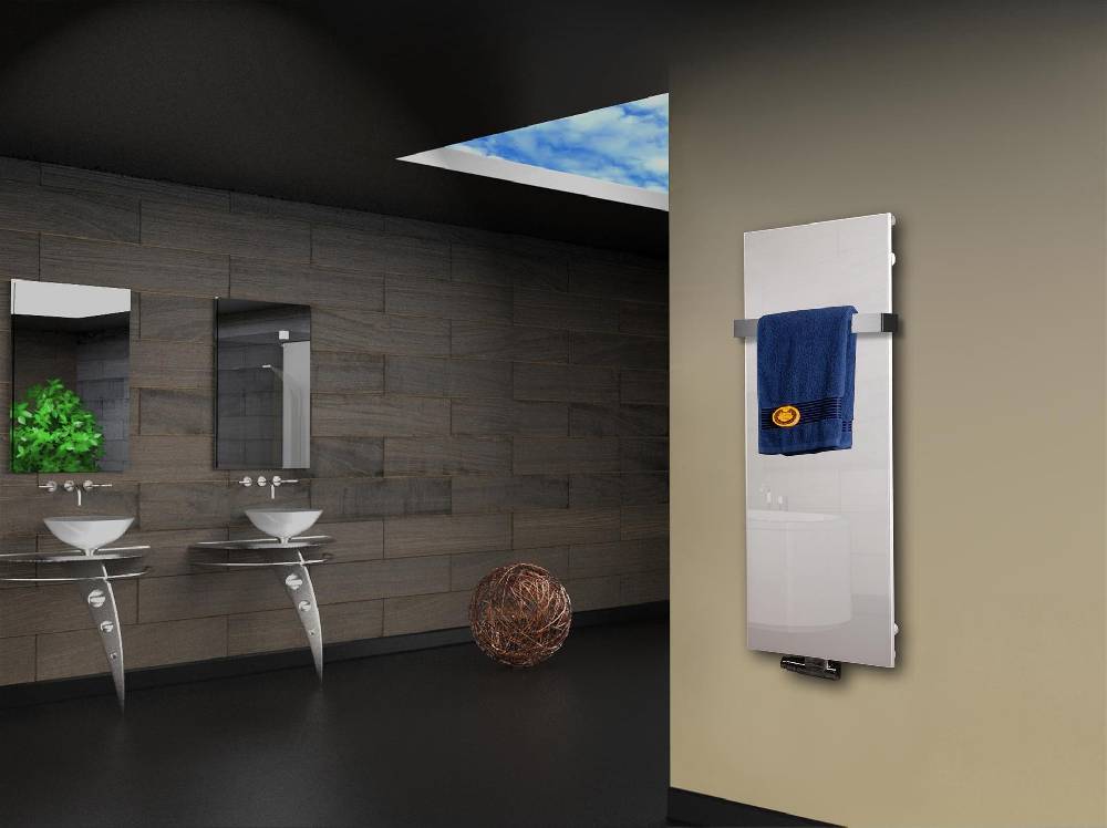 Szagato Badheizkörper mit Glas Design Montevideo 2 (Glasfront) 120x47cm 799Watt weiß (+1 Halter 50mm) SZAGATO Designheizkörper Mittelanschluss Handtuchwärmer Vierteljährliche Förderung