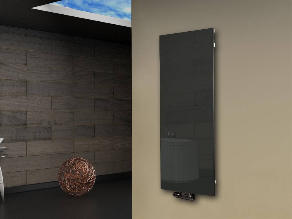 Szagato Badheizkörper mit Glas Design Montevideo 2 Glasfront 120x47cm 799 Watt anthrazit moonstone SZAGATO Handtuchwärmer Wohnraum-Heizkörper Mittelanschluss