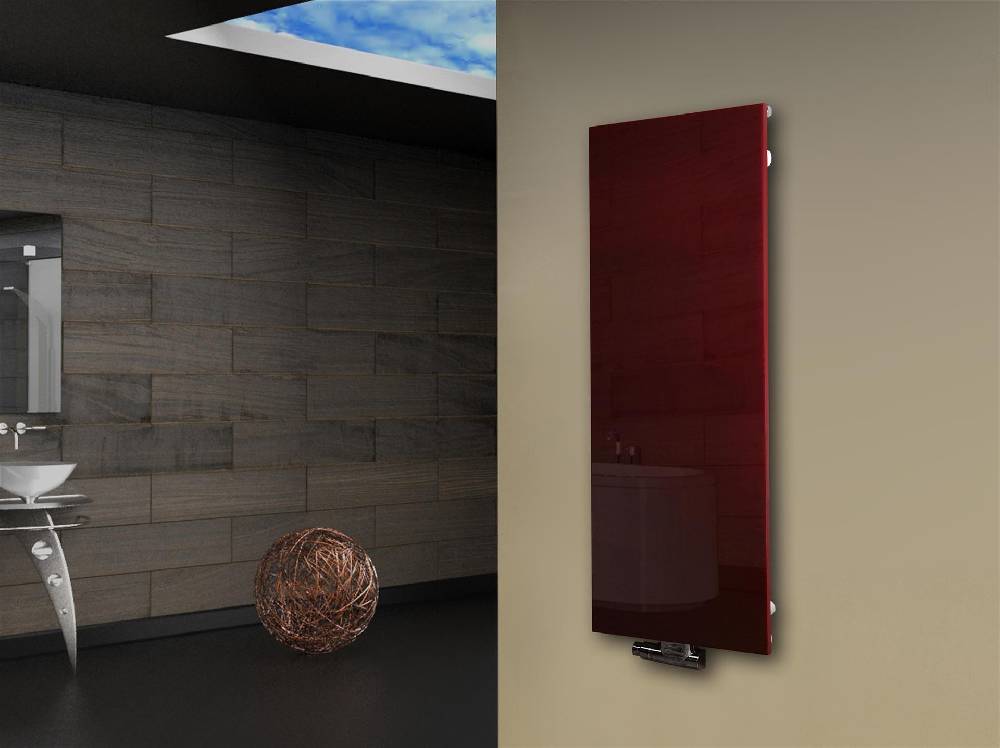 Szagato Badheizkörper mit Glas Design Montevideo 2 Glasfront 120x47cm 799 Watt rot SZAGATO Heizkörper Handtuchheizkörper mit Mittelanschluss Handtuchwärmer