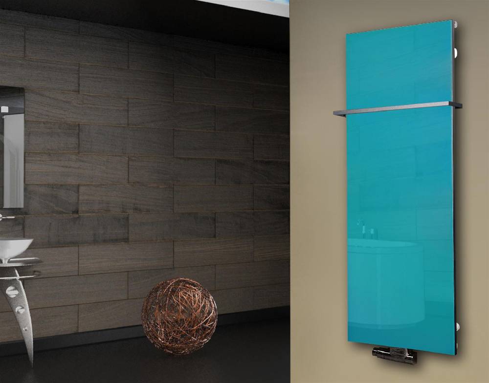 Szagato Badheizkörper mit Glas Design Montevideo 2 Glasfront 120x47cm 799 Watt türkis +1 Halter 15mm SZAGATO Designheizkörper Mittelanschluss Handtuchwärmer