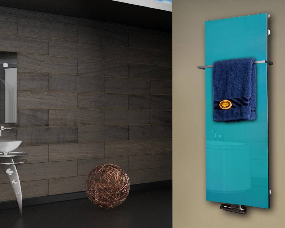 Szagato Badheizkörper mit Glas Design Montevideo 2 Glasfront 120x47cm 799 Watt türkis +1 Halter 15mm SZAGATO Designheizkörper Mittelanschluss Handtuchwärmer Super Rabatt