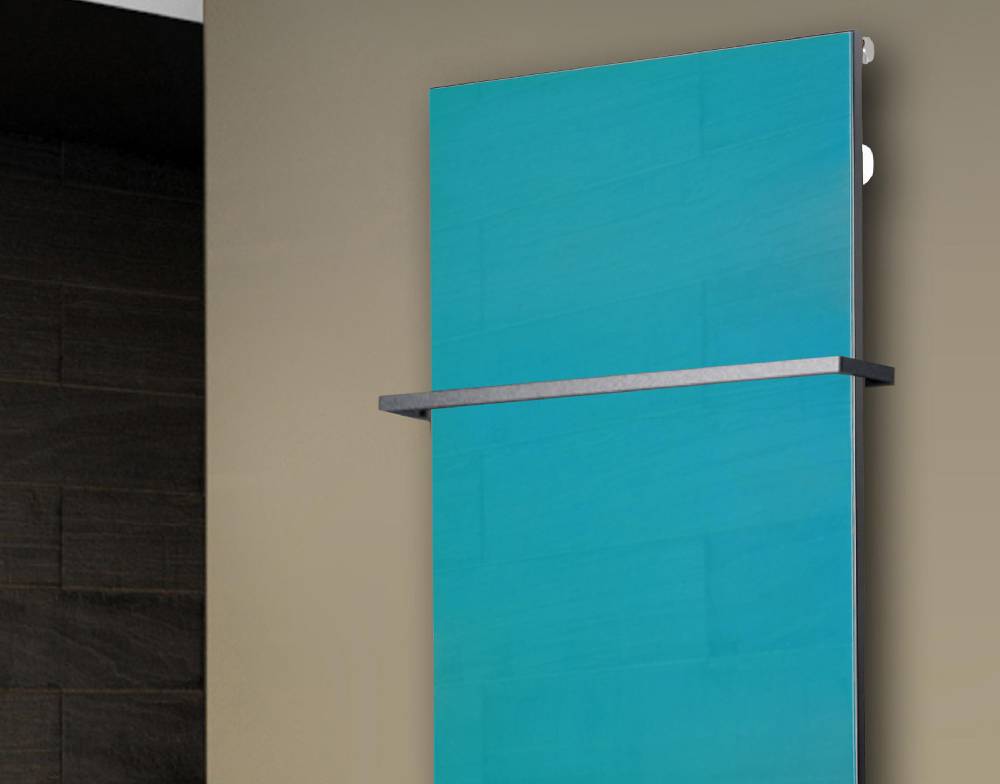 Szagato Badheizkörper mit Glas Design Montevideo 2 Glasfront 120x47cm 799 Watt türkis +1 Halter 15mm SZAGATO Designheizkörper Mittelanschluss Handtuchwärmer Super Rabatt