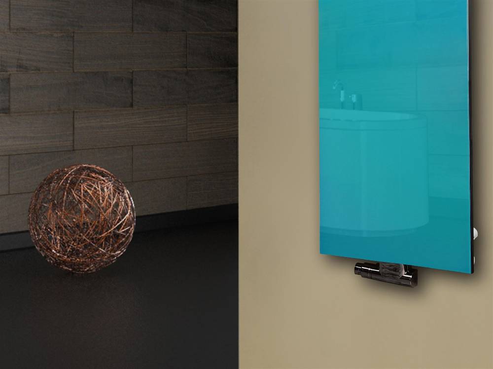 Szagato Badheizkörper mit Glas Design Montevideo 2 Glasfront 120x47cm 799 Watt türkis +1 Halter 15mm SZAGATO Designheizkörper Mittelanschluss Handtuchwärmer Super Rabatt