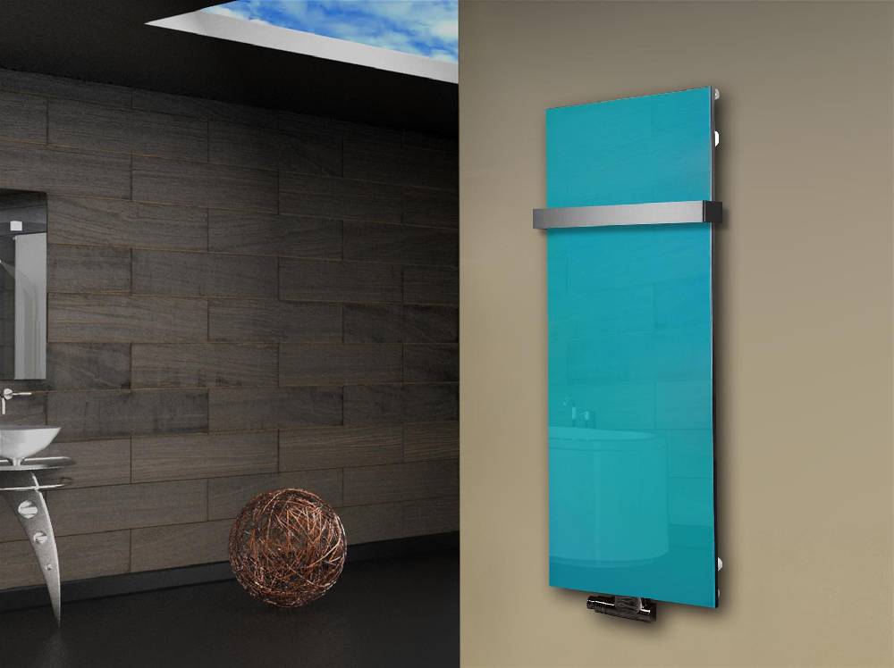 Szagato Badheizkörper mit Glas Design Montevideo 2 Glasfront 120x47cm 799 Watt türkis +1 Halter 50mm SZAGATO Designheizkörper Mittelanschluss Handtuchwärmer