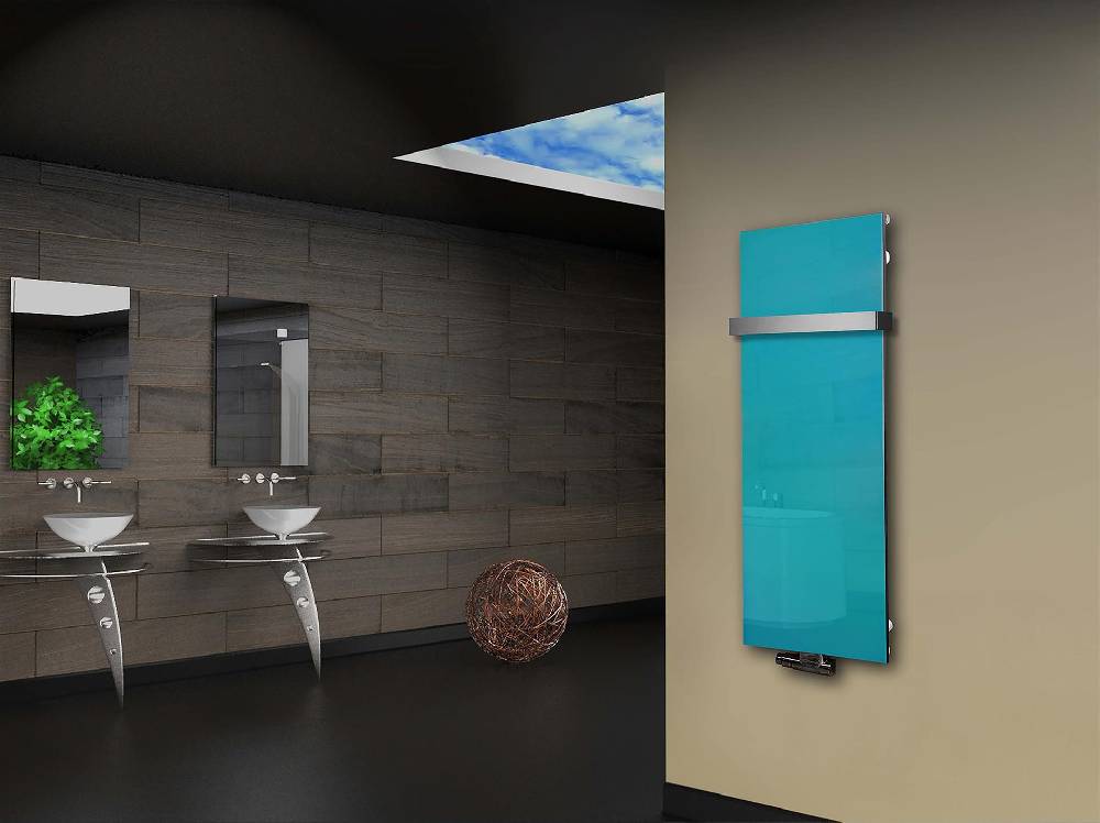 Szagato Badheizkörper mit Glas Design Montevideo 2 Glasfront 120x47cm 799 Watt türkis +1 Halter 50mm SZAGATO Designheizkörper Mittelanschluss Handtuchwärmer Riesige Rabatte