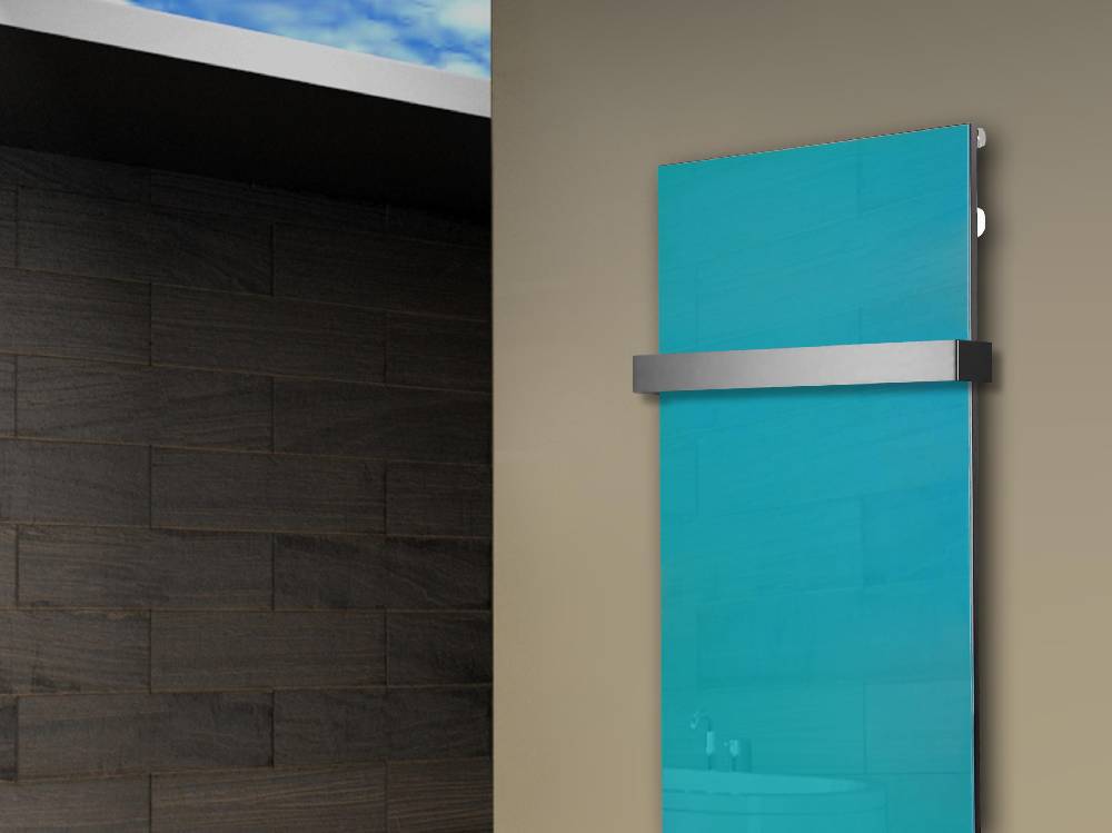 Szagato Badheizkörper mit Glas Design Montevideo 2 Glasfront 120x47cm 799 Watt türkis +1 Halter 50mm SZAGATO Designheizkörper Mittelanschluss Handtuchwärmer Riesige Rabatte