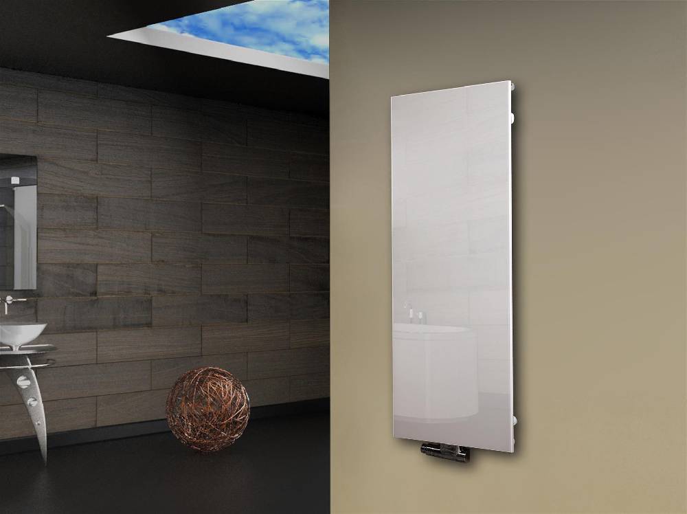 Szagato Badheizkörper mit Glas Design Montevideo 2 Glasfront 120x47cm 799 Watt weiß SZAGATO Heizkörper Handtuchheizkörper mit Mittelanschluss Handtuchwärmer