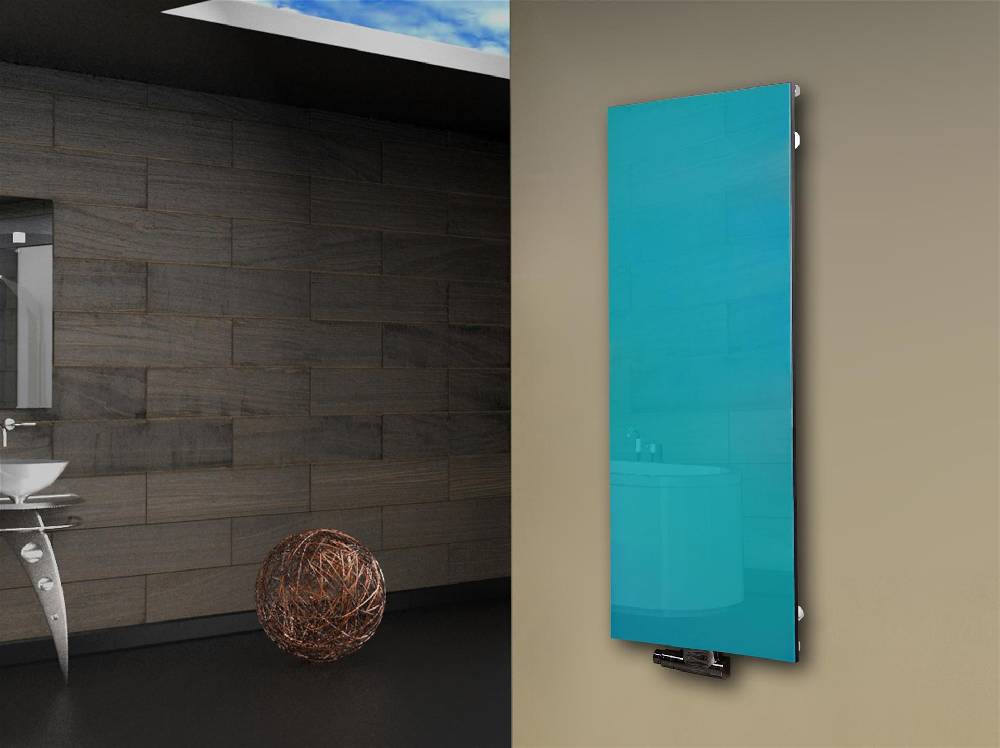 Szagato Badheizkörper mit Glas Design Montevideo 2 Glasfront 120x47cm 799Watt türkis SZAGATO Heizkörper Handtuchheizkörper mit Mittelanschluss Handtuchwärmer Kostenloser Versand international