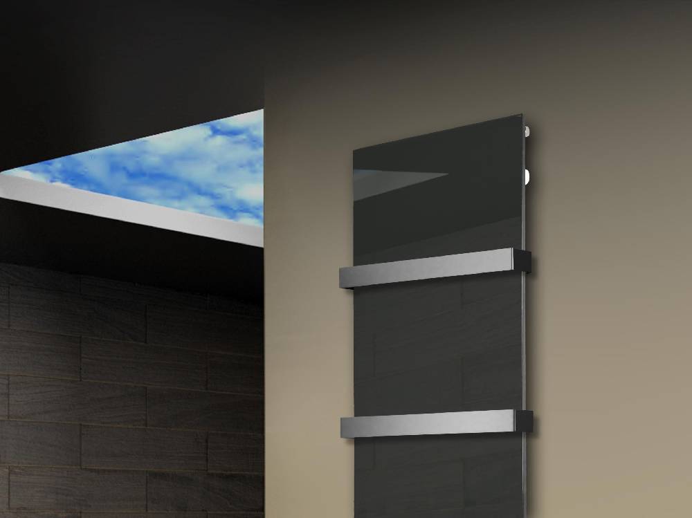 Szagato Badheizkörper mit Glas Design Montevideo 3 (Glasfront) 180x47cm 1118 Watt anthrazit - moon (+2 Halter 50mm) SZAGATO Designheizkörper Mittelanschluss Fabrikladen