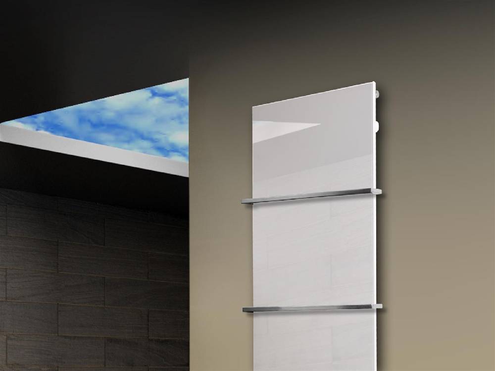 Szagato Badheizkörper mit Glas Design Montevideo 3 (Glasfront) 180x47cm 1118 Watt weiß +2 Halter 15mm SZAGATO Designheizkörper Mittelanschluss Handtuchwärmer Black Friday Preise