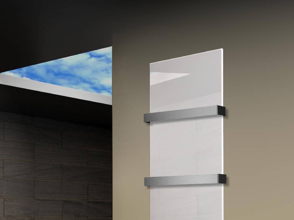 Szagato Badheizkörper mit Glas Design Montevideo 3 (Glasfront) 180x47cm 1118 Watt weiß +2 Halter 50mm SZAGATO Designheizkörper Mittelanschluss Handtuchwärmer Im Verkauf