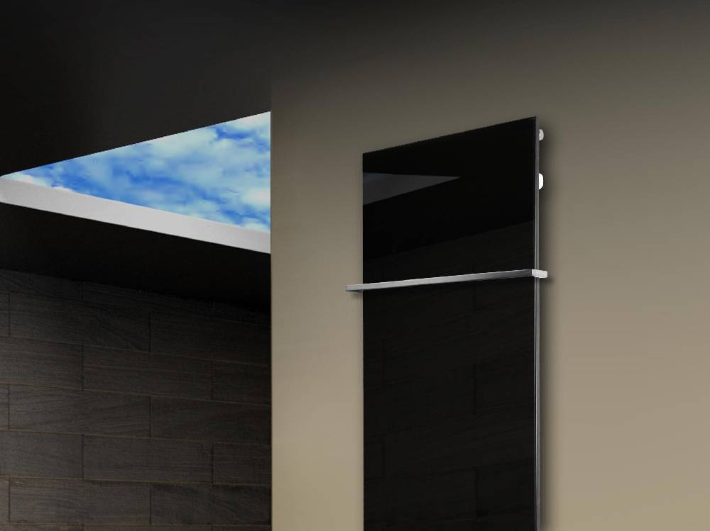 Szagato Badheizkörper mit Glas Design Montevideo 3 Glasfront 180x47cm 1118 Watt schwarz (+1 Halter 15mm) SZAGATO Designheizkörper mit Mittelanschluss Online