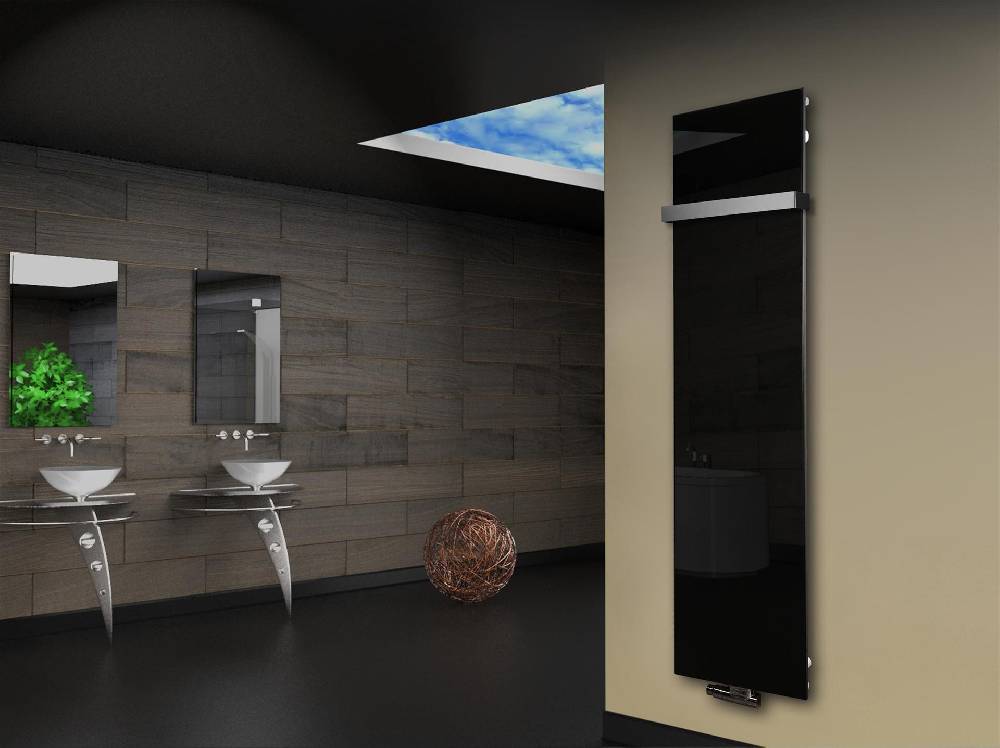 Szagato Badheizkörper mit Glas Design Montevideo 3 Glasfront 180x47cm 1118 Watt schwarz (+1 Halter 50mm) SZAGATO Designheizkörper mit Mittelanschluss