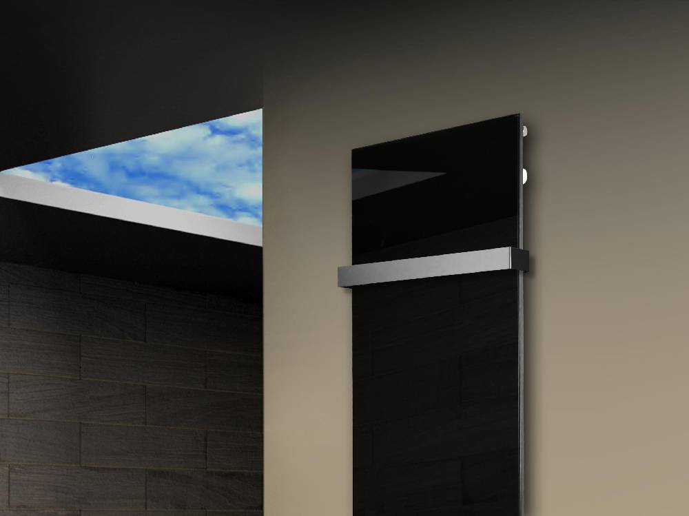 Szagato Badheizkörper mit Glas Design Montevideo 3 Glasfront 180x47cm 1118 Watt schwarz (+1 Halter 50mm) SZAGATO Designheizkörper mit Mittelanschluss Outlet