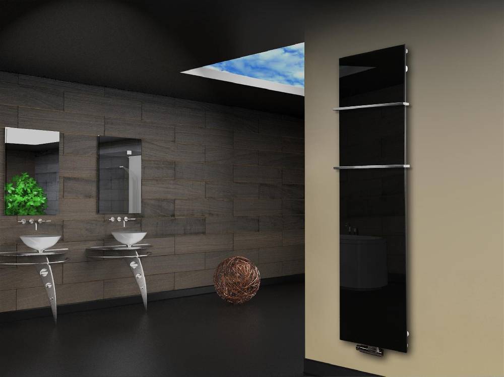 Szagato Badheizkörper mit Glas Design Montevideo 3 Glasfront 180x47cm 1118 Watt schwarz (+2 Halter 15mm) SZAGATO Designheizkörper mit Mittelanschluss Auslauf